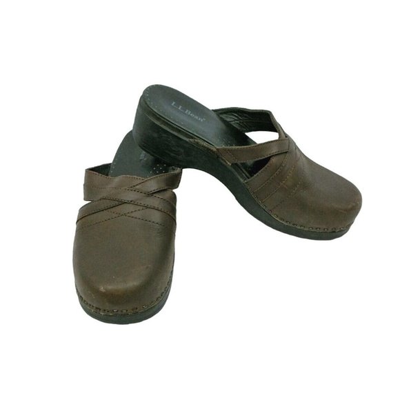 LL Bean Shoes 7.5M 39 Brown Leather Slide On Clogs Expandable Comfortable - Picture 1 of 10